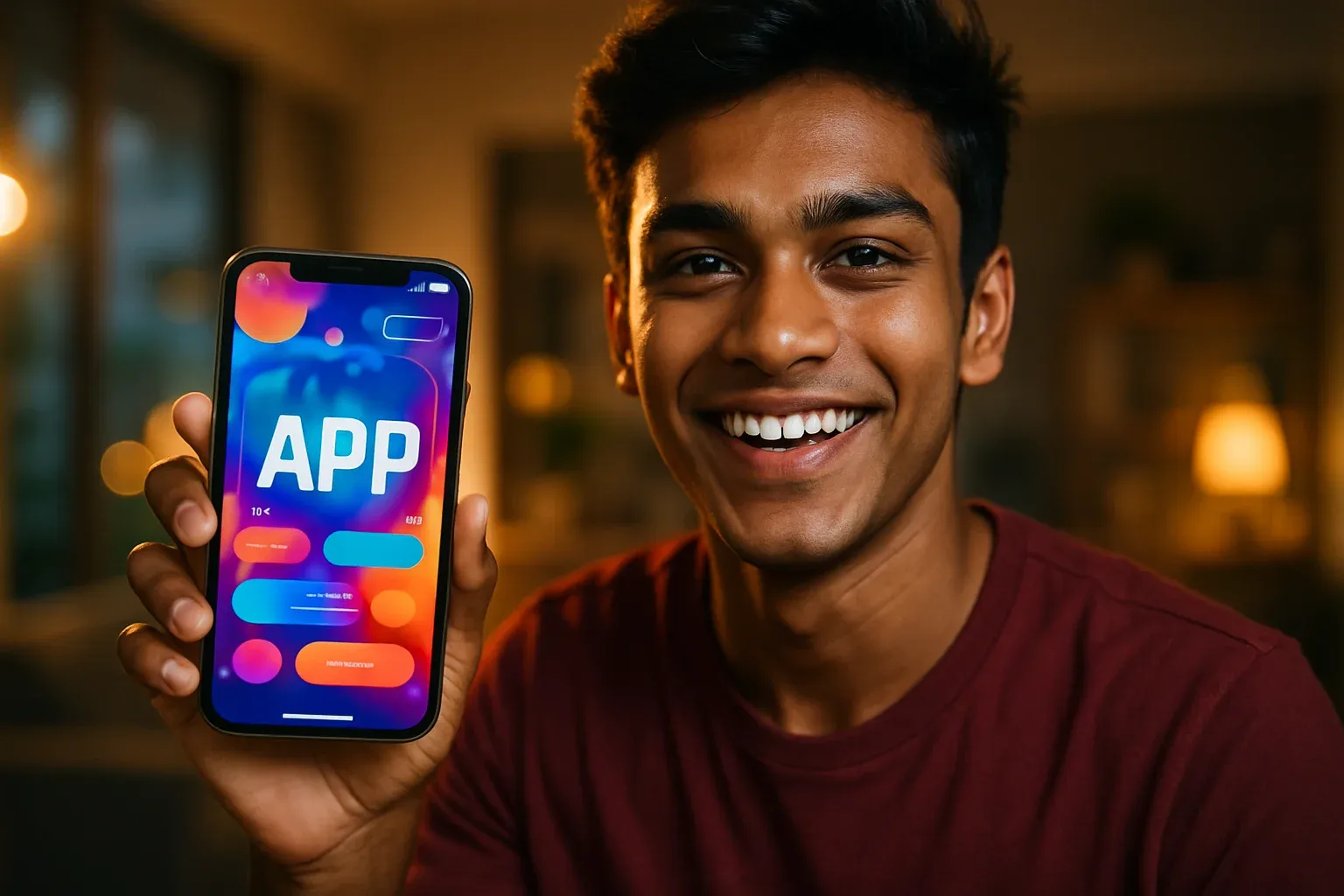 Smiling young Bangladeshi man holding smartphone showing glowing gaming app screen