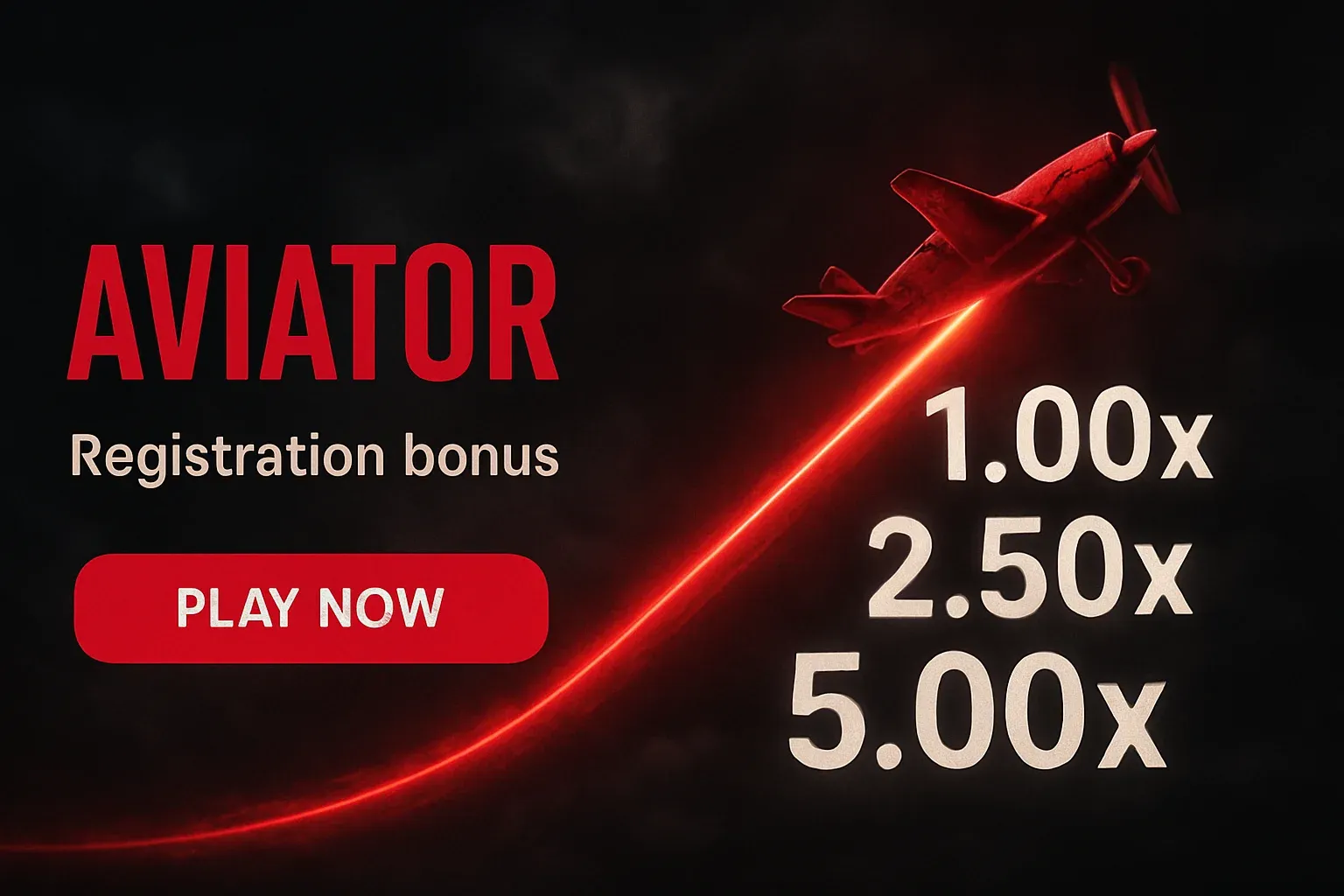 Aviator crash game promo banner with red plane, neon trail, multipliers