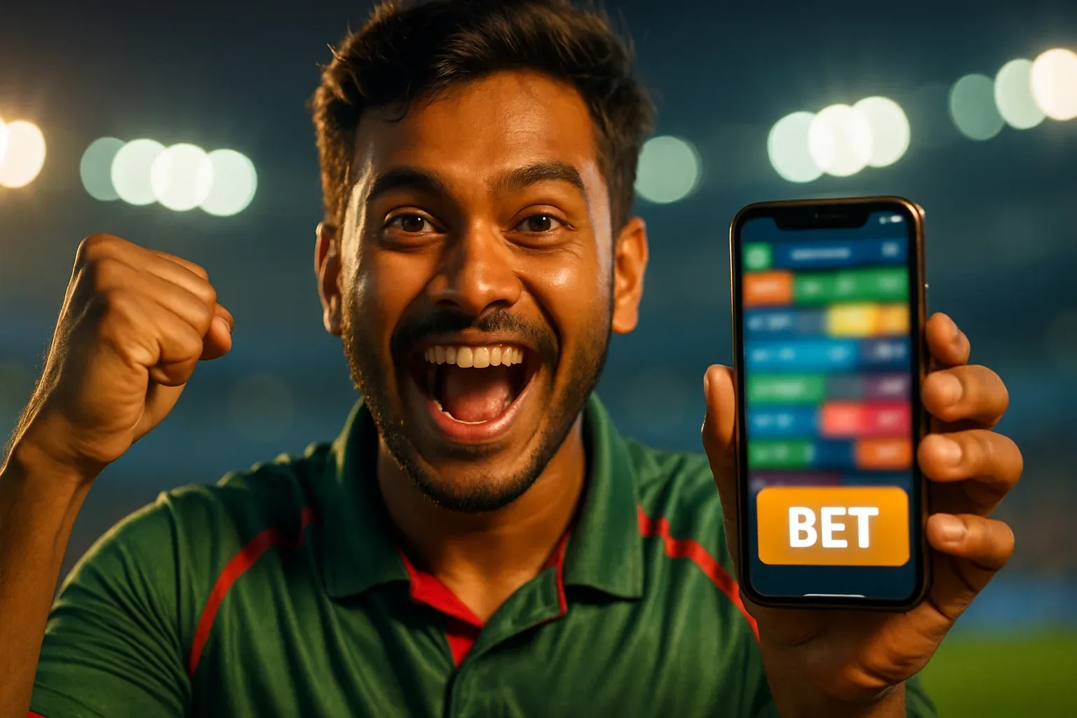 Young Bangladeshi man cheering, holding phone showing BET sports betting screen