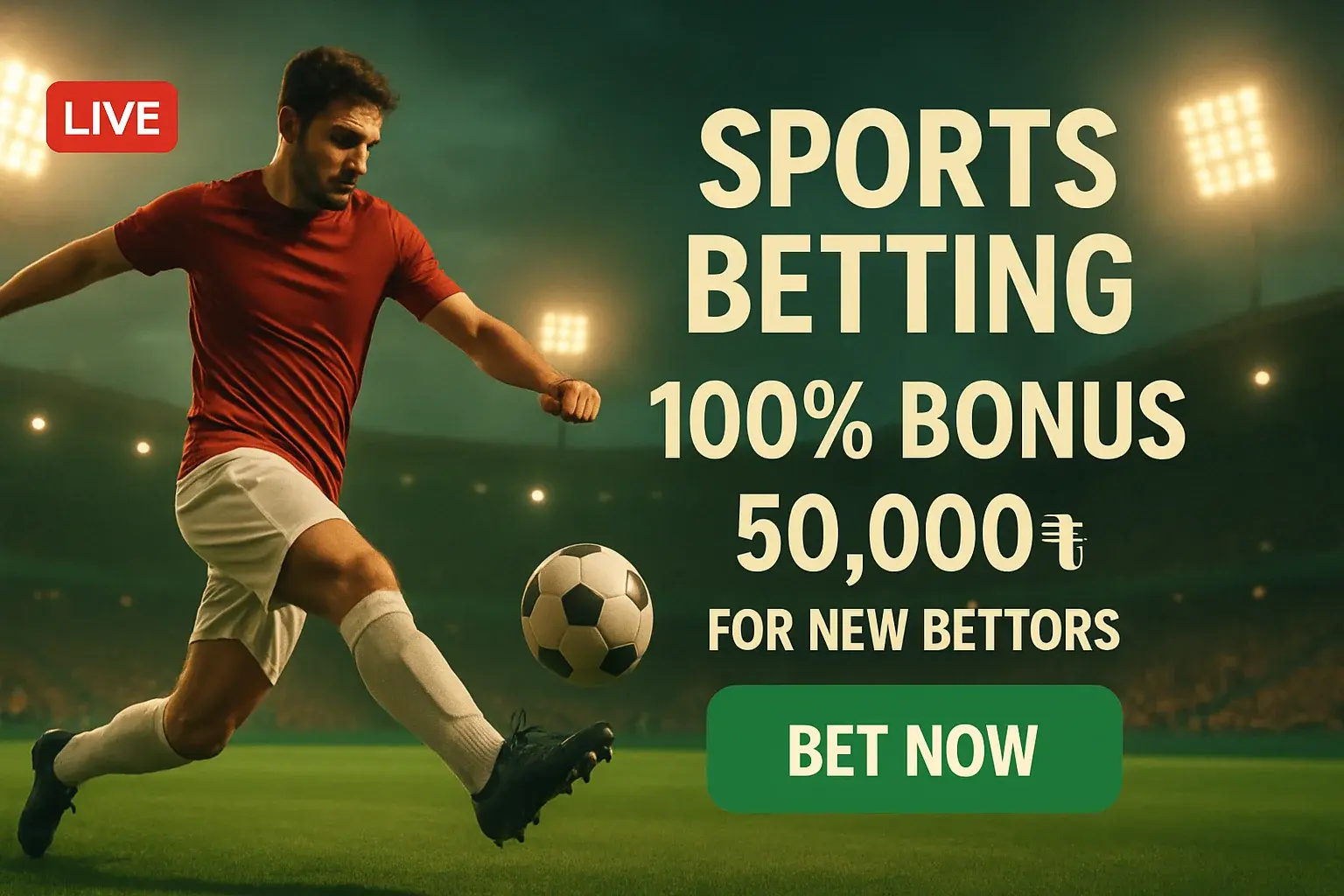 Sports betting banner with green stadium, footballer, 100% bonus and Bet Now CTA