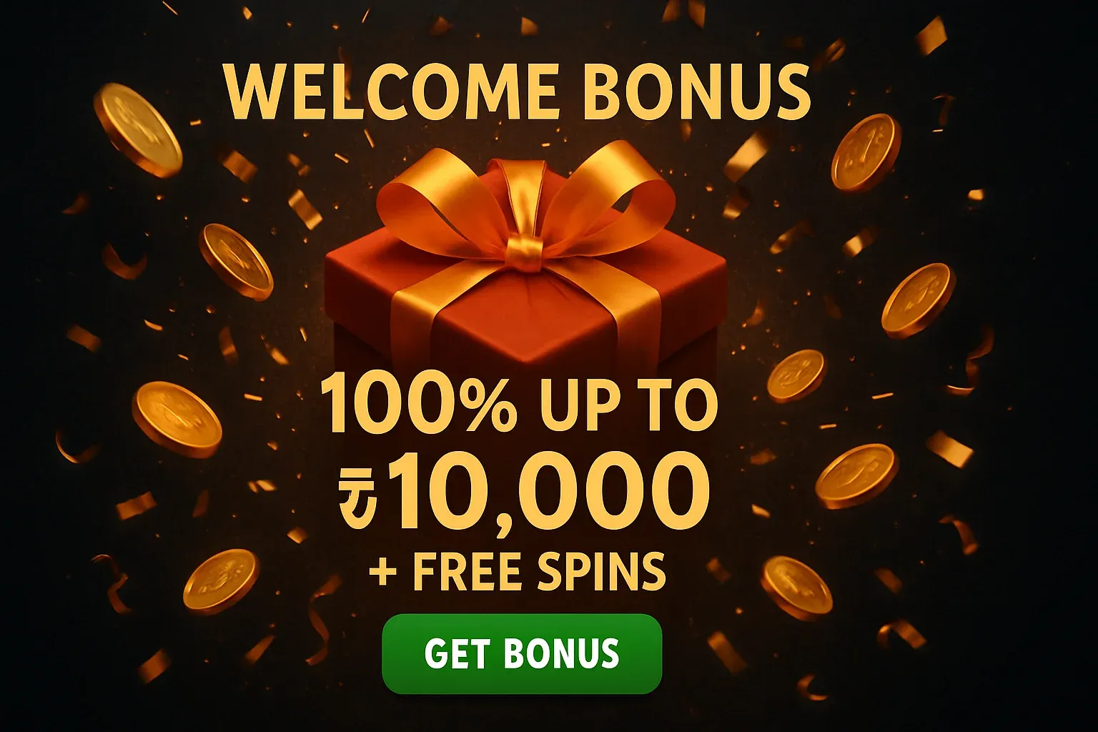 Casino welcome bonus banner with gift box, golden coins, and CTA