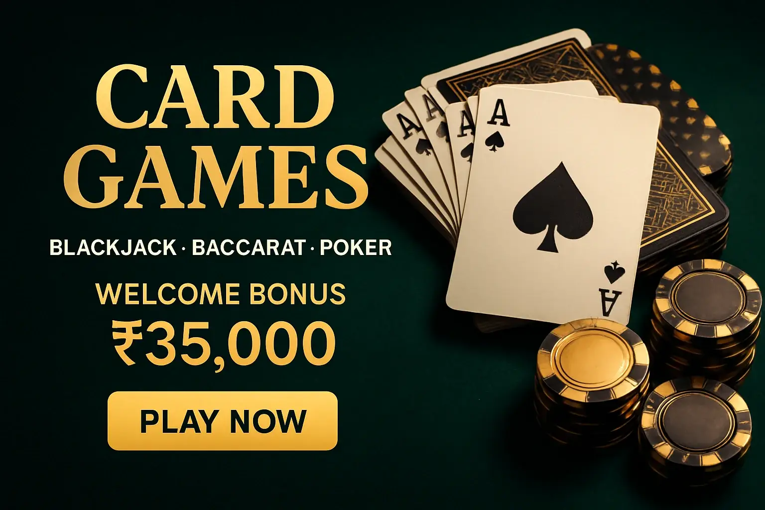 Card games promo banner with green velvet table, cards, chips, bonus and play now