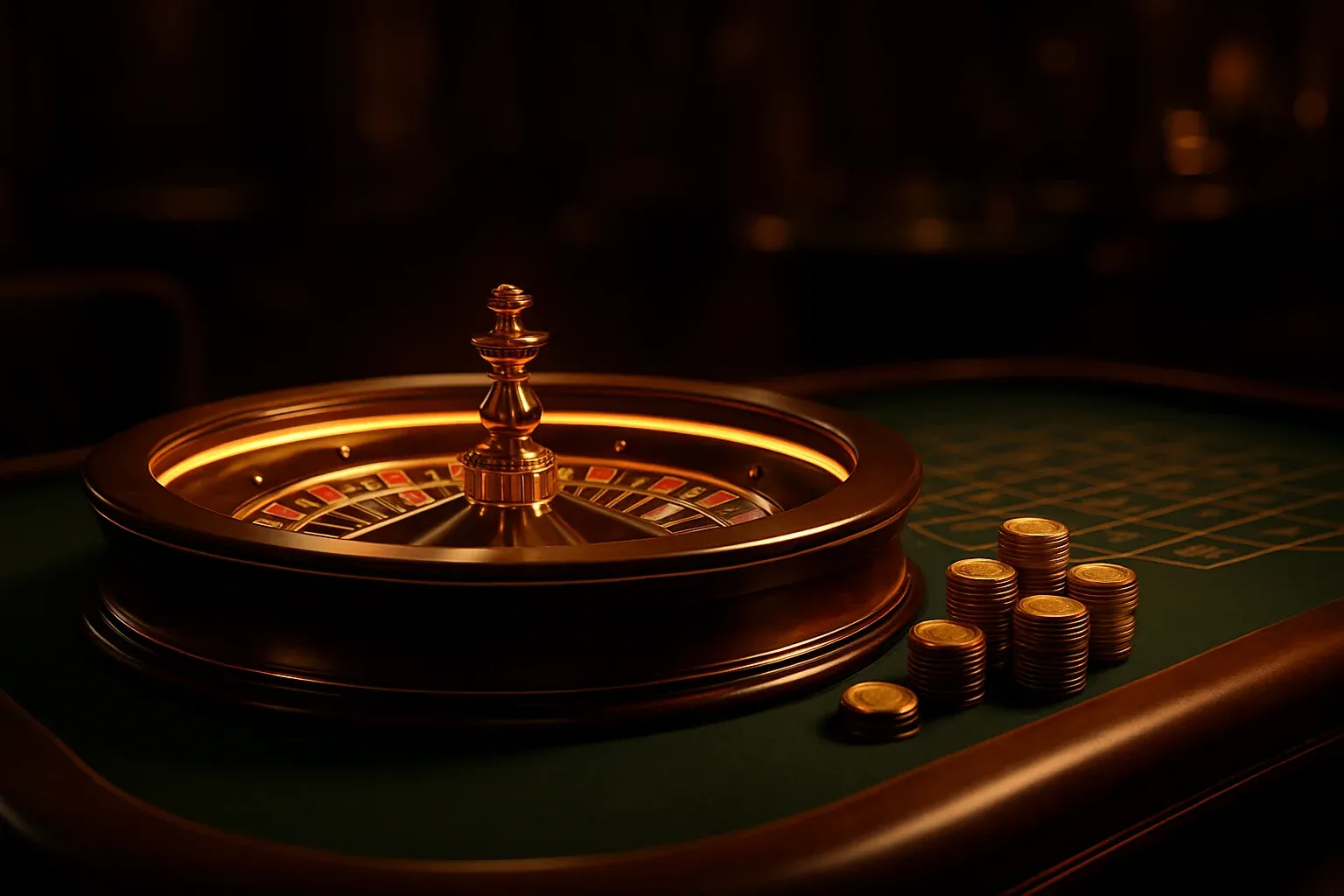 Hyperrealistic live casino table with glowing roulette wheel and golden chips