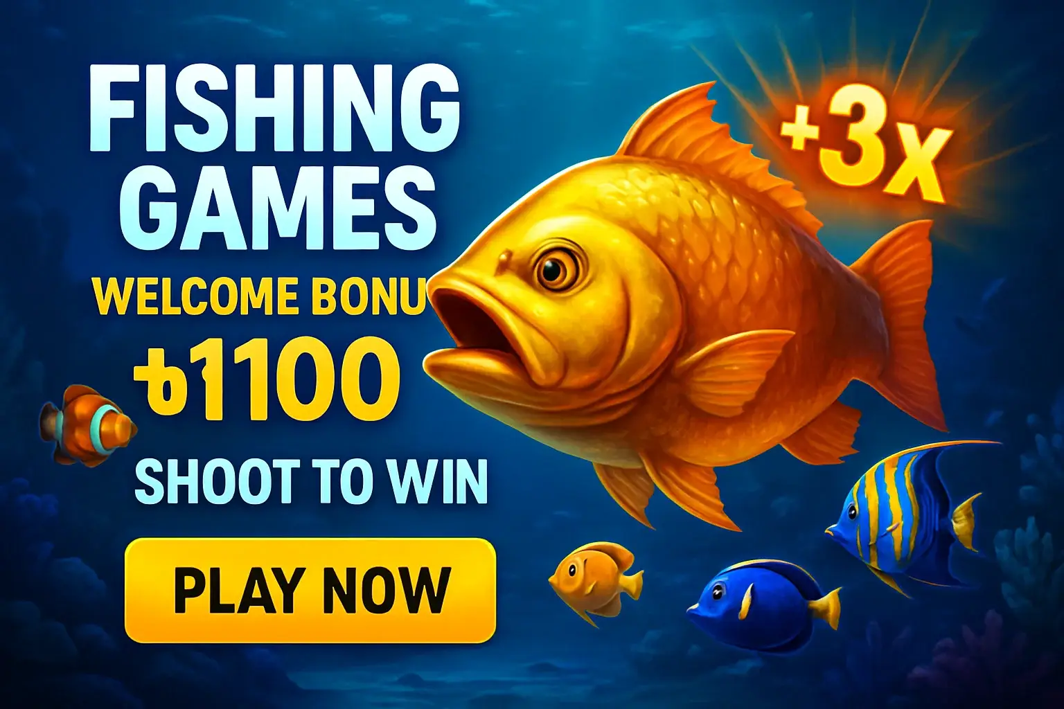 Underwater fishing arcade banner with boss fish, Bangladesh bonus, play now