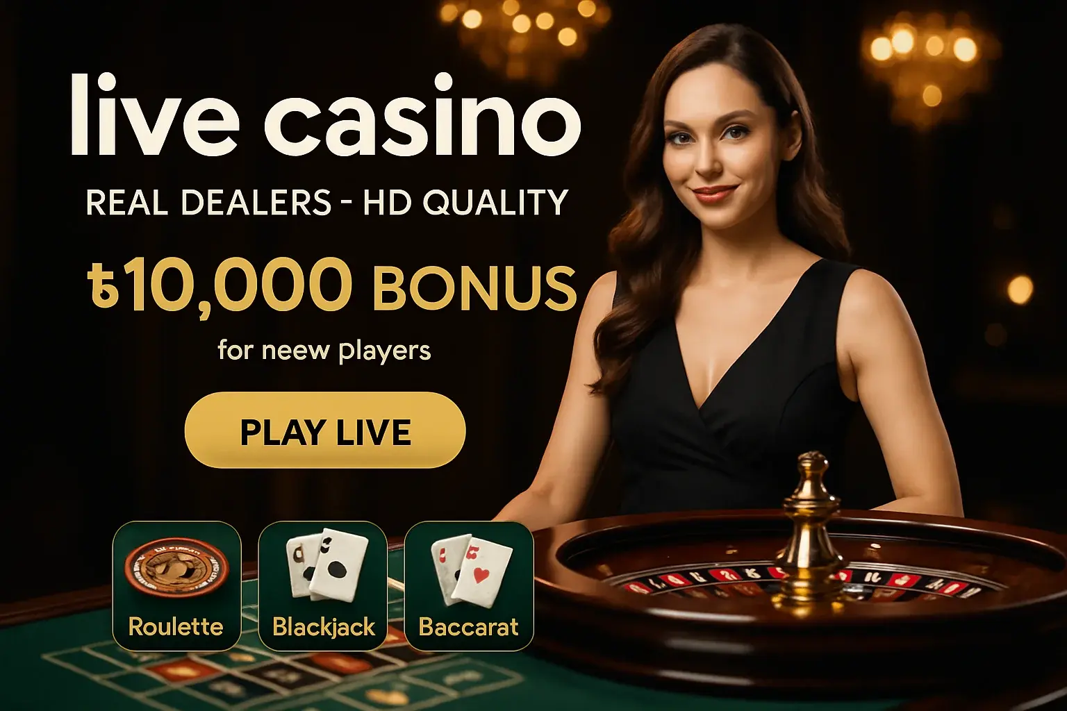 Luxurious live casino banner with female roulette dealer, gold chandelier, bonus and CTA