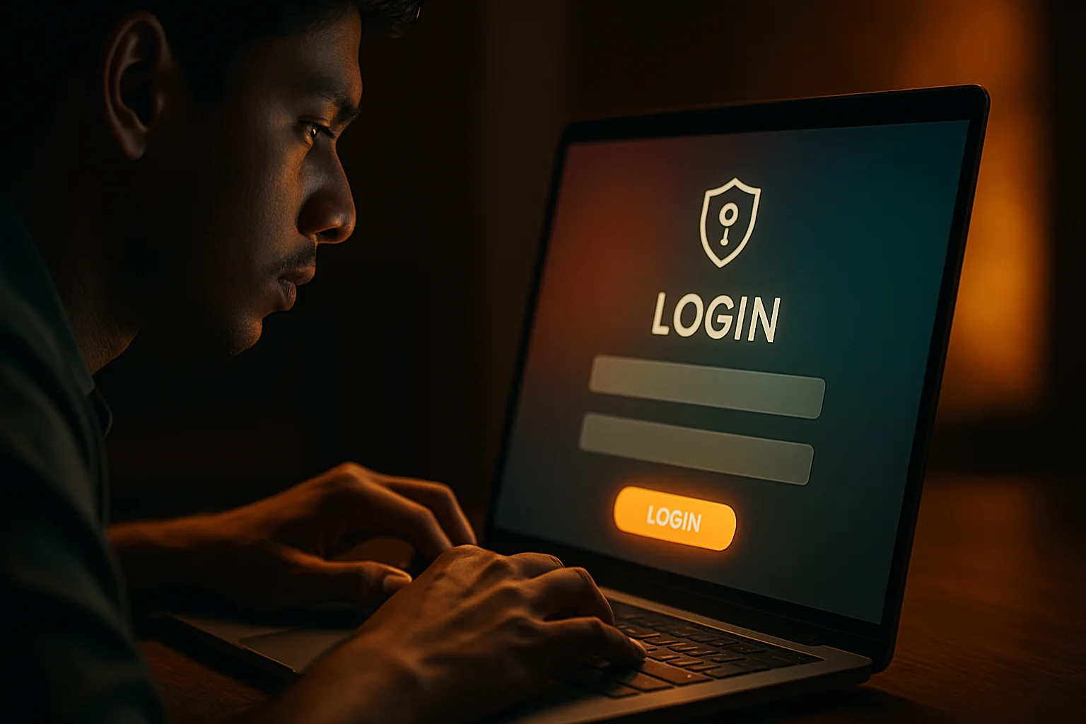 Young Bangladeshi hands on laptop showing bold LOGIN sign-in form