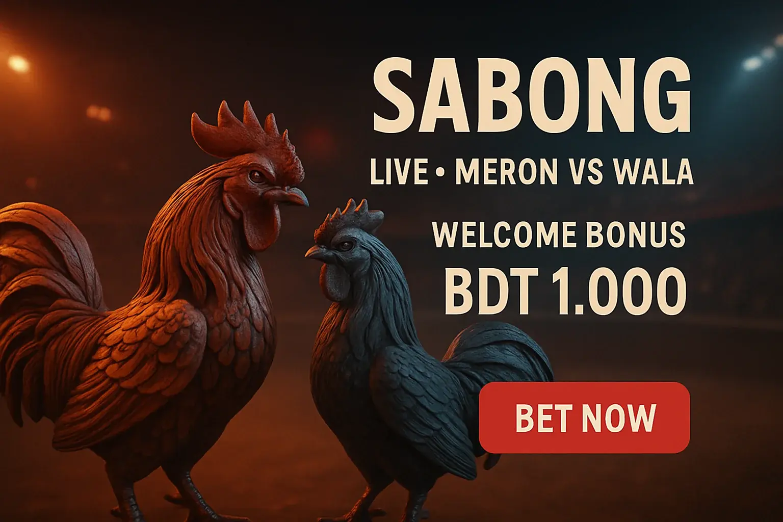 Live sabong banner with decorative rooster figurines and bet now button