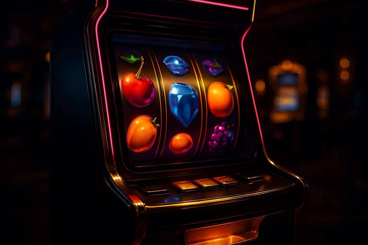 Hyperrealistic wide shot of premium slot machine in dark luxury casino