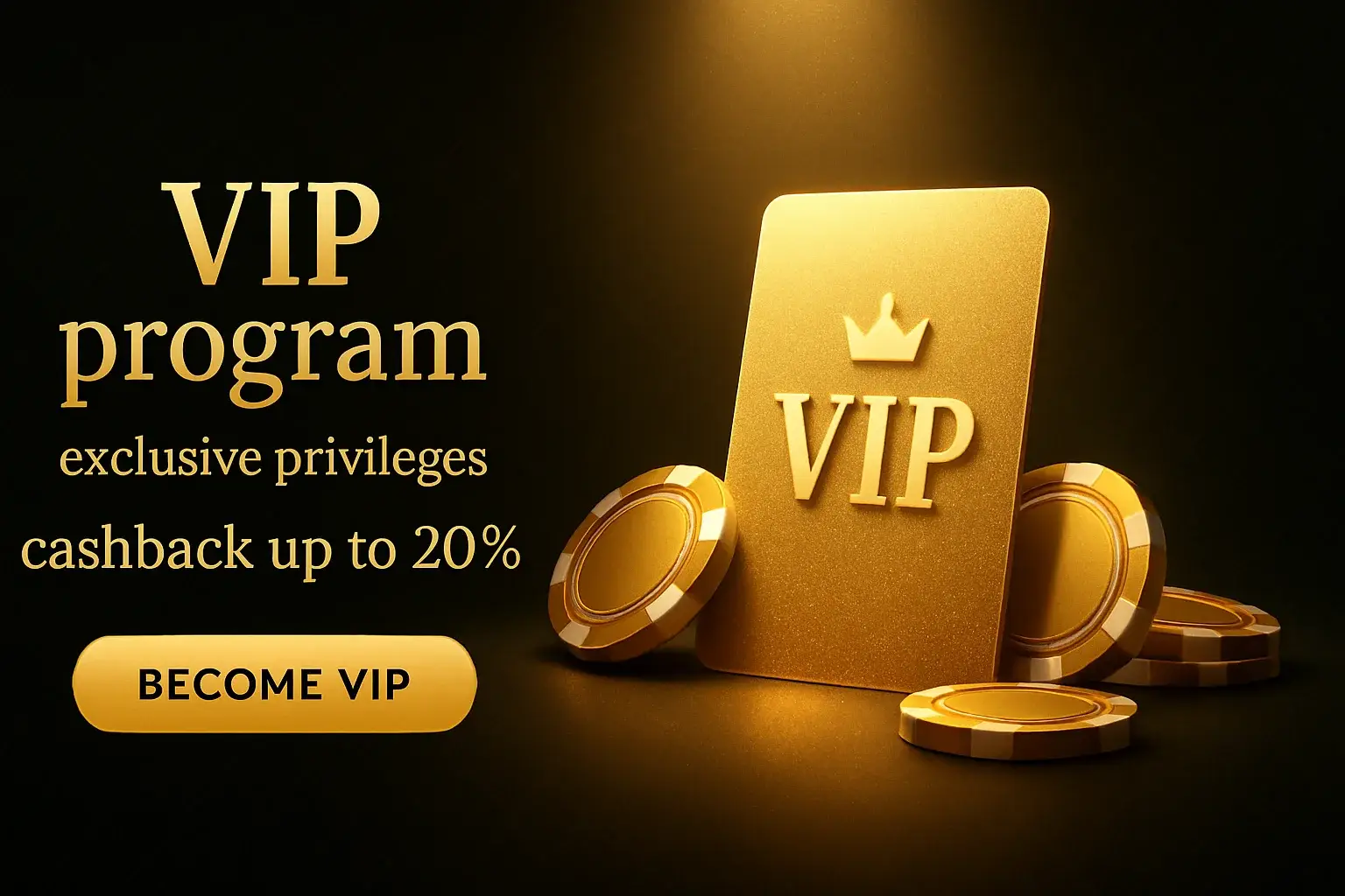 Luxurious black and gold casino VIP banner with card, chips, cashback offer
